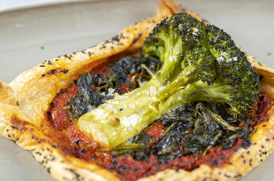 delicious looking vegan pastry with broccoli and spinach filling