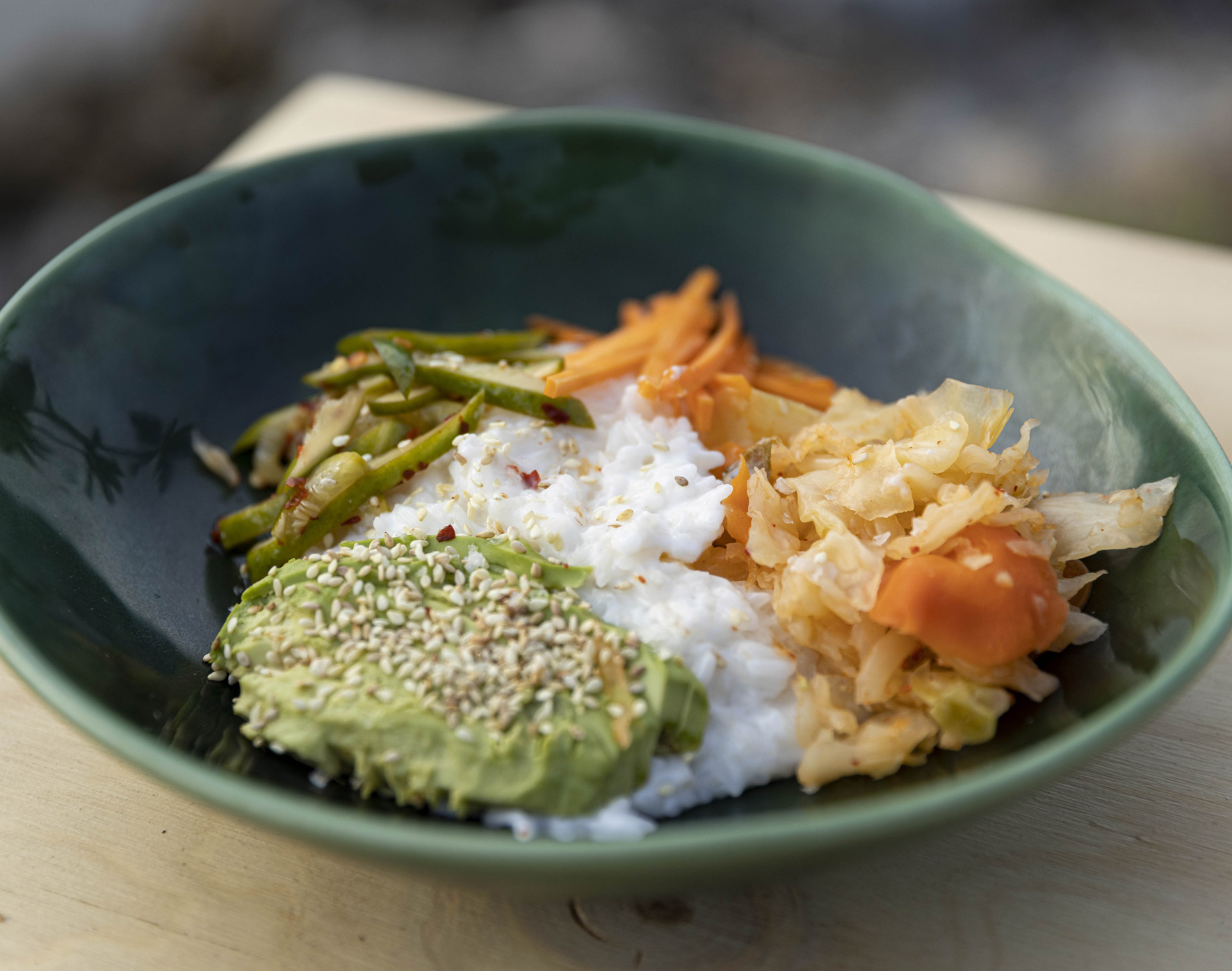 rice with kimchi and yogurt in a bowl