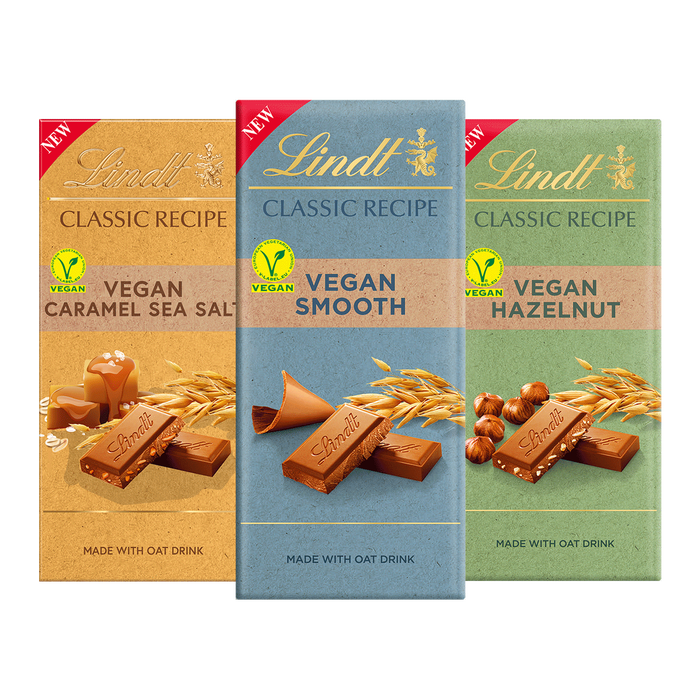 A stock image of three vegan Lindt chocolate blocks.