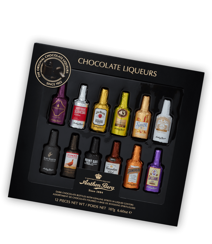 An image of Anthon Berg chocolates, shaped and wrapped like little bottles of liquer.