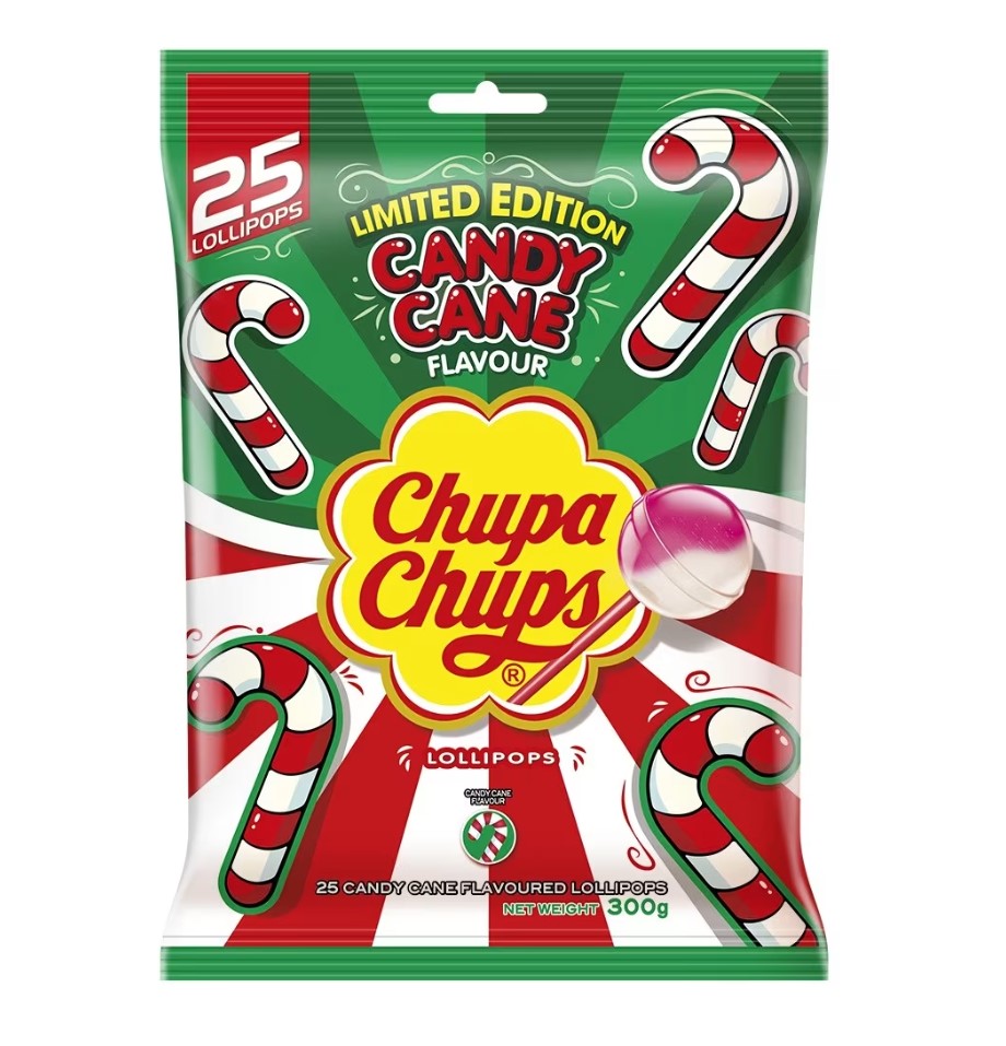 Image of a pack of limited edition candy cane flavoured Chupa Chups