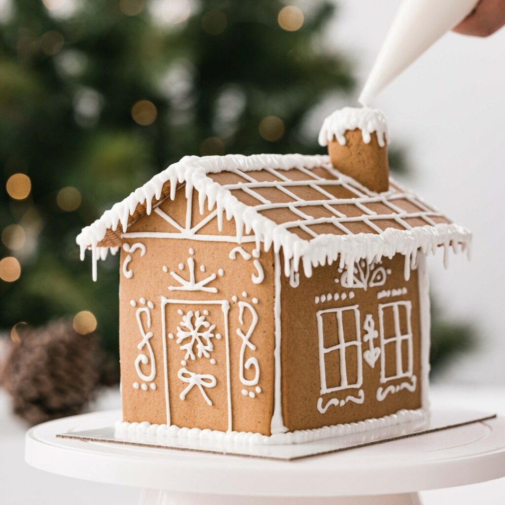 Image of a gingerbread house beautifully decorated with finishing touches being made on the chimney with a piping bag.