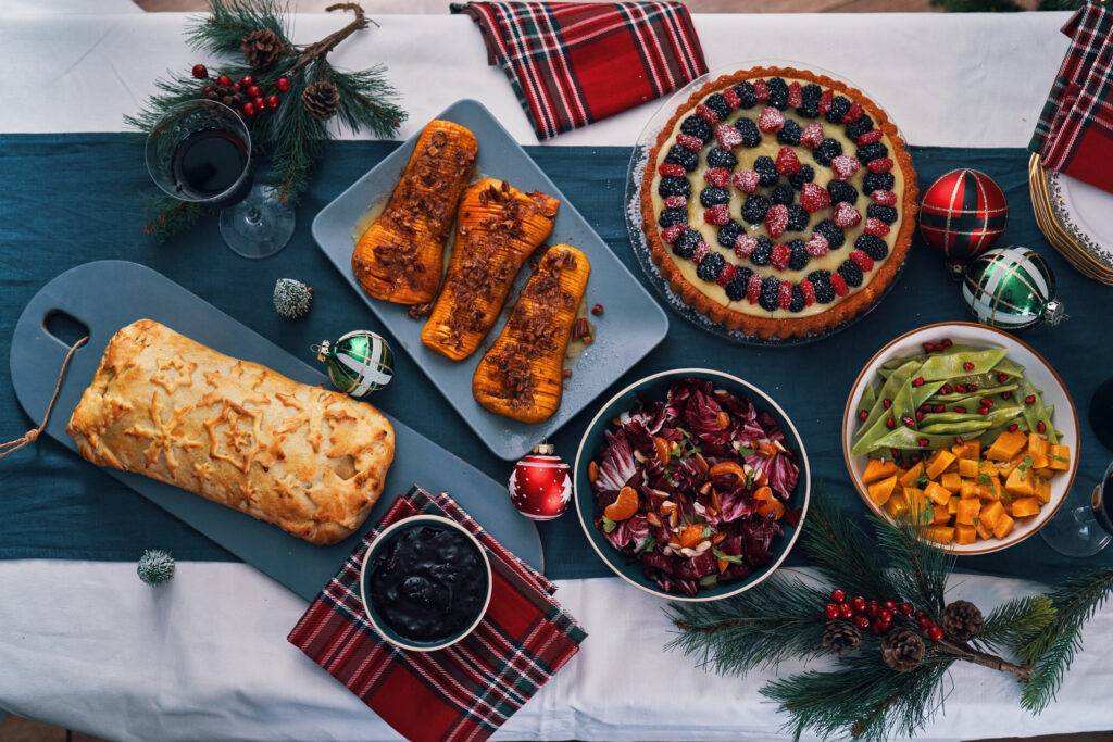 Christmas Dinner with Vegan Mushroom Beef Wellington, Butternut Squash, Green Beans and Berry Pie