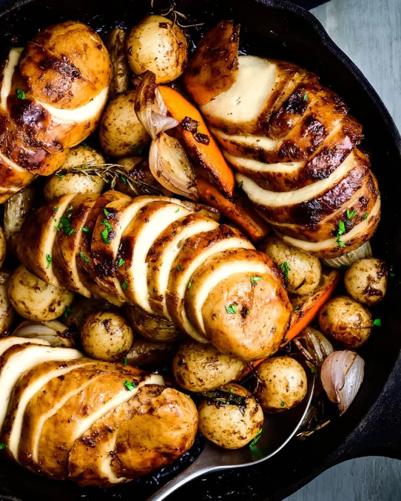 Overhead image of an oven dish with juicy vegan roast 'chicken', potatoes, garlic, and rosemary.