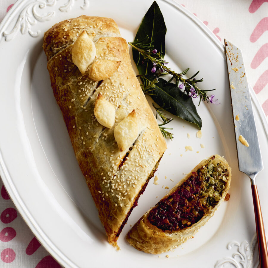 Image of a beautifully decorated festive log taken from above.