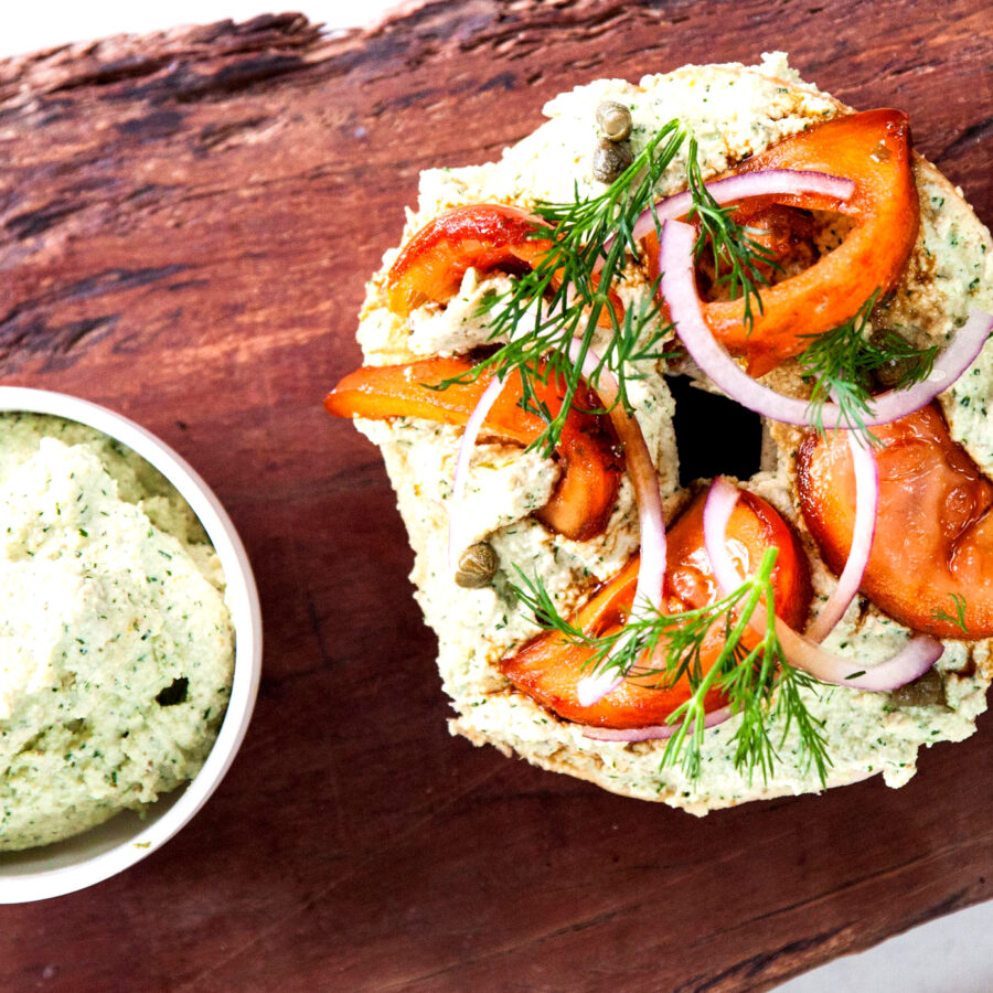Vegan savoury breakfast idea: Tomato Lox & Schmear Bagels