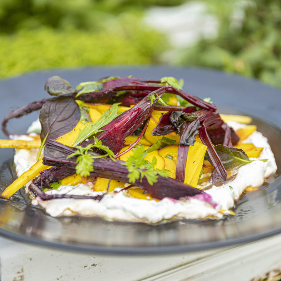 A black plate with plant-based whipped cheese topped with yellow and purple roasted veg, herbs, and microgreens outdoors.