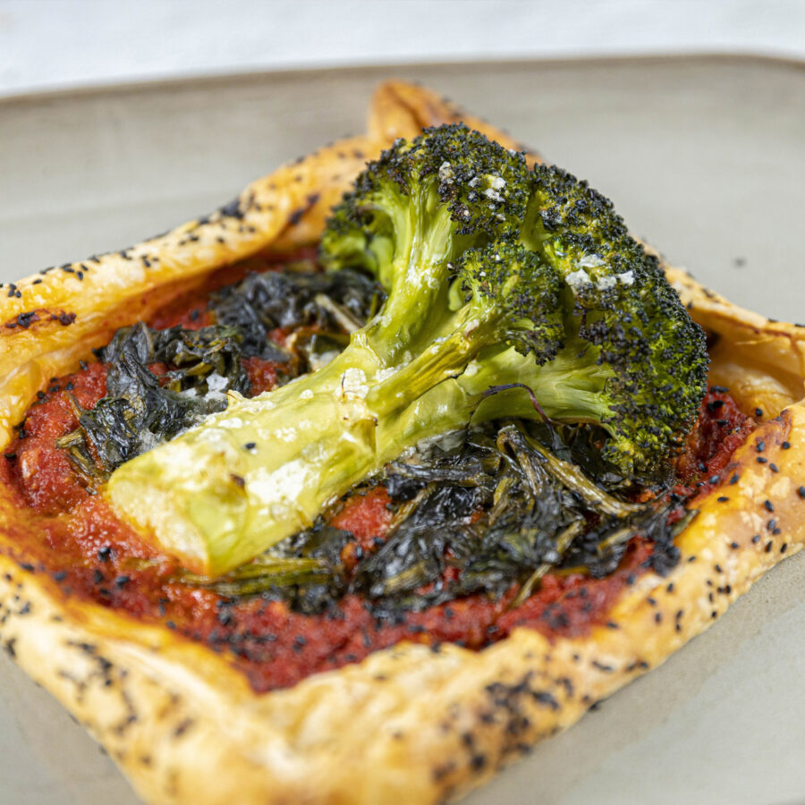 delicious looking vegan pastry with broccoli and spinach filling