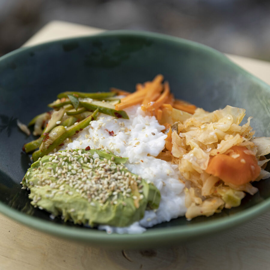 rice with kimchi and yogurt in a bowl