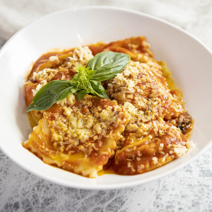 Vegan ravioli in a bowl