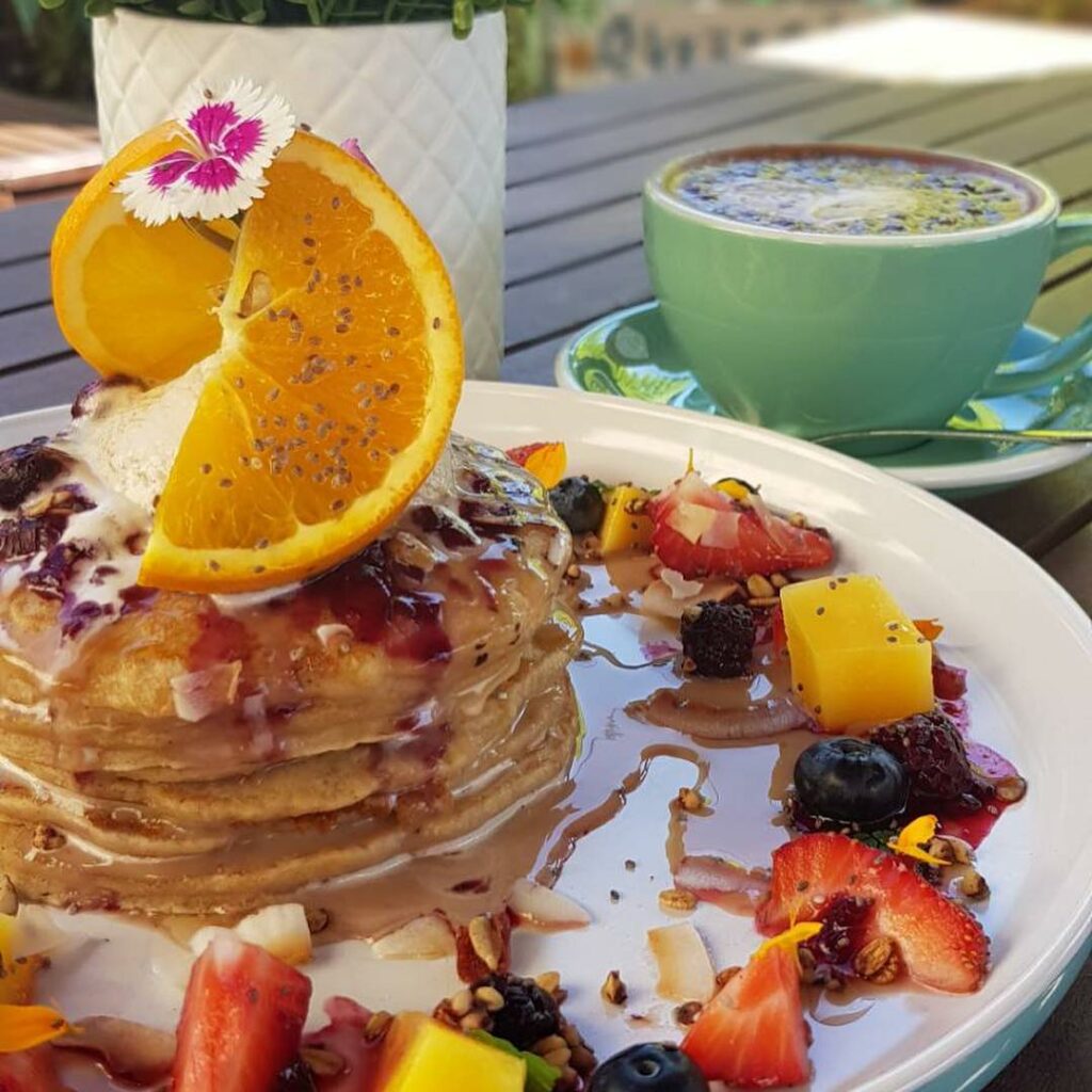 Vegan restaurants on the gold coast: mouth-watering vegan pancake stack and coffee from Izakaya Midori 